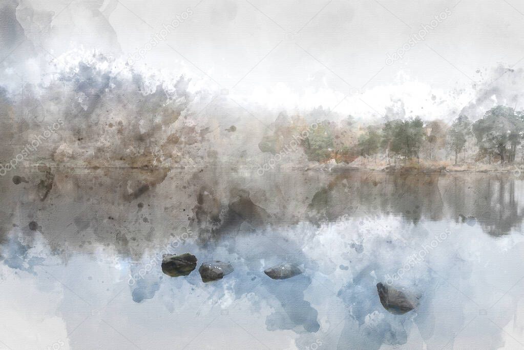 Digital watercolor painting of Beautiful peaceful Autumn Fall landscape of woodland and lake with mist fog during early morning