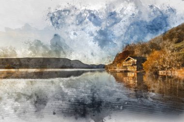 Göz kamaştırıcı gündoğumunun dijital suluboya tablosu Sonbahar Sonbaharı Göl Bölgesi 'nde Ullswater' ın altın güneş ışığı manzarası