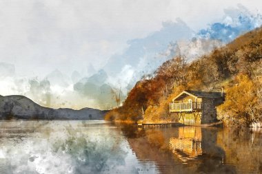 Göz kamaştırıcı gündoğumunun dijital suluboya tablosu Sonbahar Sonbaharı Göl Bölgesi 'nde Ullswater' ın altın güneş ışığı manzarası
