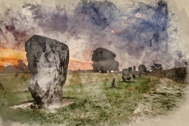 Dijital olarak, İngiliz kırsalındaki Neolitik ayakta duran taşların güzel yaz gündoğumu manzarasının arkaplan sisli muhteşem ışıklarıyla suluboya resmini yaptı.