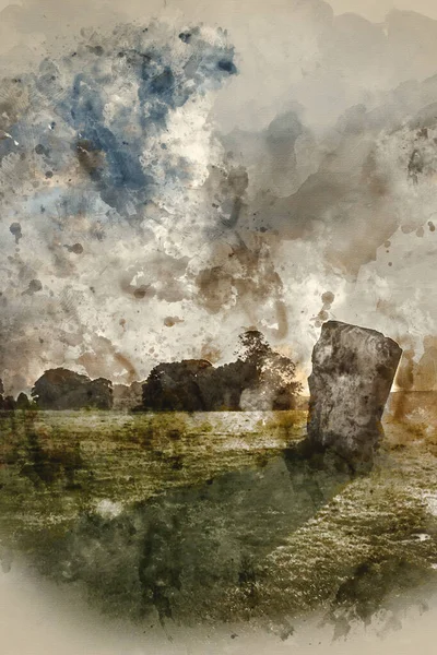Digitalt Skapat Akvarell Målning Vackra Sommar Soluppgång Landskap Neolitiska Stående — Stockfoto