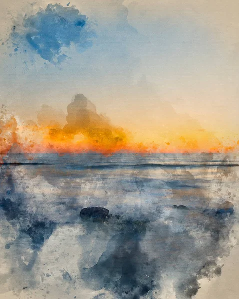 Ψηφιακά Δημιουργήθηκε Ακουαρέλα Ζωγραφική Του Όμορφου Καλοκαιρινού Τοπίου Ηλιοβασίλεμα Εικόνα — Φωτογραφία Αρχείου