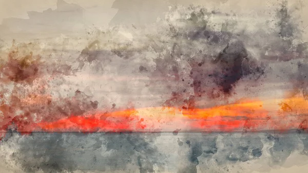 Digital Erstellte Aquarellmalerei Von Schönen Sommer Landschaft Sonnenuntergang Bild Des — Stockfoto
