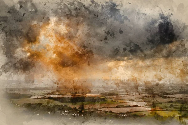 数码创作的美丽夏景水彩画 具有戏剧性暴雨云和阳光流下的陡坡风景图像 — 图库照片