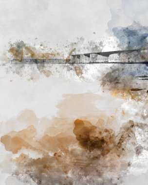 İngiliz sahillerinde renkli gün batımlı beyaz tebeşir kayalıklarının güzel manzara görüntüsünün dijital suluboya resmi