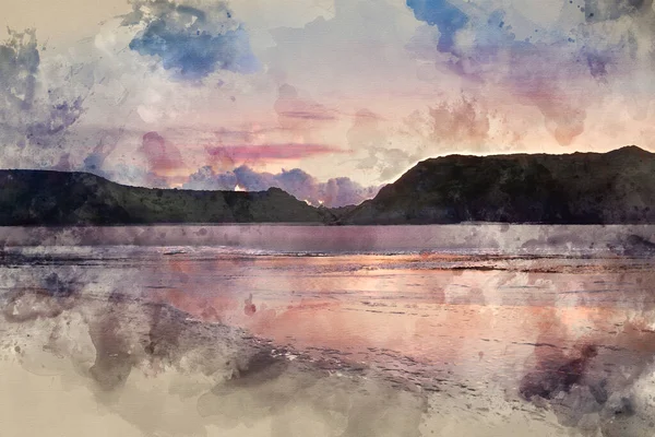 Цифровая Акварельная Живопись Потрясающего Красочного Пейзажа Летнего Восхода Солнца Три — стоковое фото