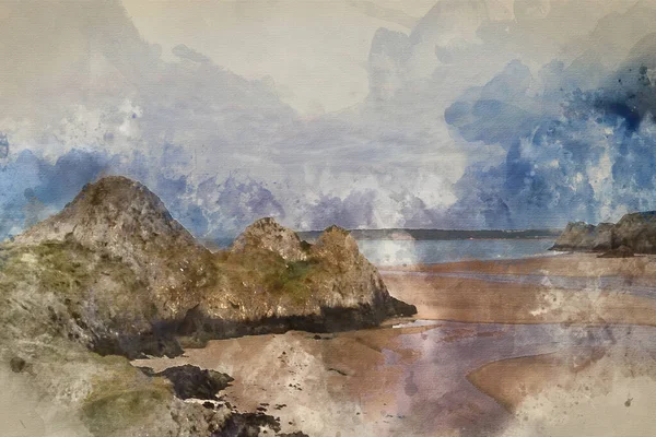 Pintura Digital Acuarela Hermosa Imagen Paisajística Three Cliffs Bay Gales — Foto de Stock