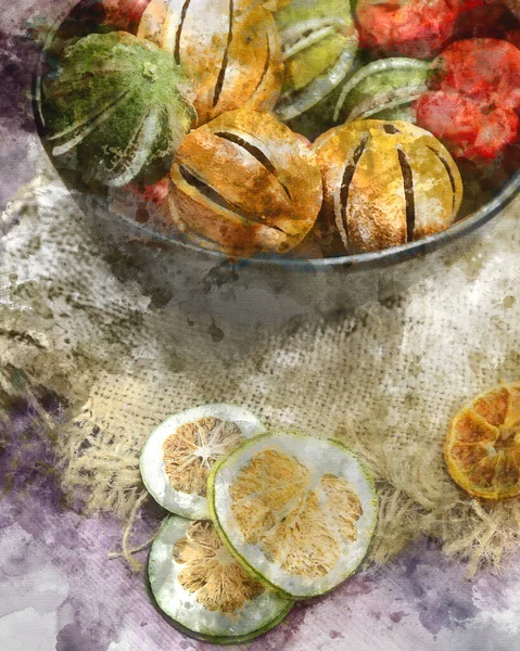 Pintura Digital Acuarela Hermoso Retrato Alimenticio Frutas Secas Temporada Wnter — Foto de Stock