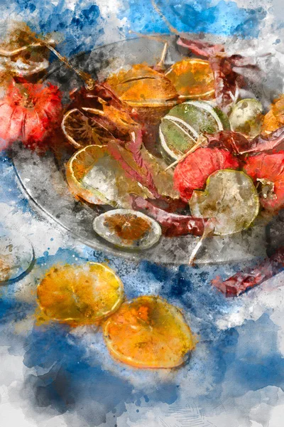 Aquarelle Numérique Beau Portrait Alimentaire Fruits Secs Saison Wnter Avec — Photo