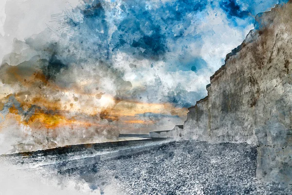 英語の海岸でカラフルな鮮やかな夕日と白いチョークの崖の美しい風景画のデジタル水彩画 — ストック写真