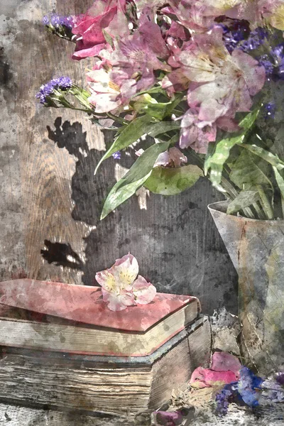 Güzel Mahsulün Dijital Suluboya Resmi Romantik Çiçeklere Bahçe Parafinilerine Uygulanır — Stok fotoğraf