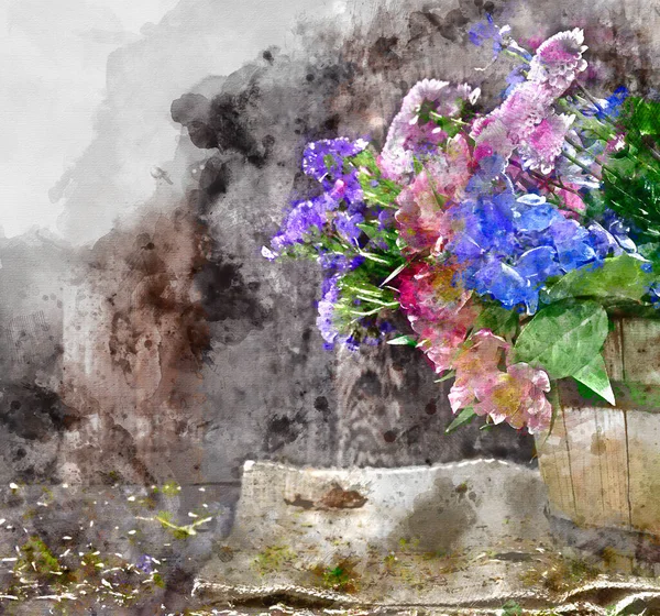 美丽古色古香的数码水彩画应用于春夏两季盛开的浪漫花木与园林景观中 — 图库照片