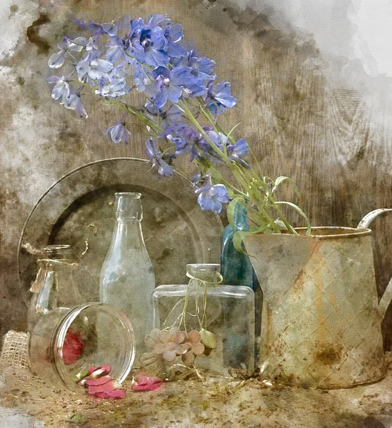 Güzel Mahsulün Dijital Suluboya Resmi Romantik Çiçeklere Bahçe Parafinilerine Uygulanır — Stok fotoğraf