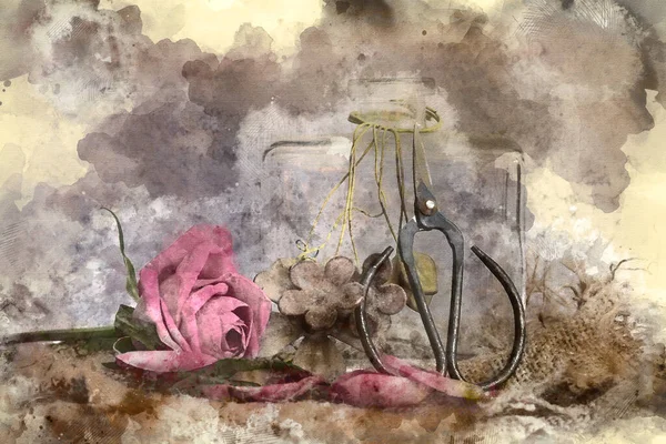 Ψηφιακή Ακουαρέλα Ζωγραφική Όμορφη Vintage Εμφάνιση Εφαρμόζεται Ρομαντική Λουλούδι Και — Φωτογραφία Αρχείου