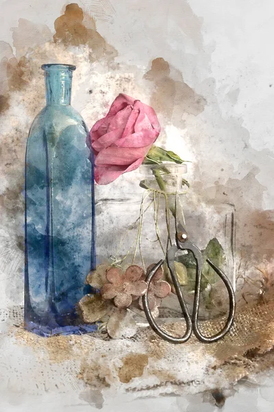 Digitale Aquarellmalerei Von Schöne Vintage Look Auf Romantische Blumen Und — Stockfoto