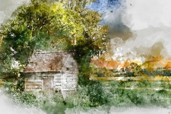 Pintura Aquarela Digital Bela Imagem Paisagem Antiga Fazenda Abandonada Galpão — Fotografia de Stock