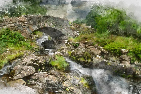 Digital Akvarellmålning Vacker Lång Exponering Landskap Bild Ashness Bridge Engelska — Stockfoto