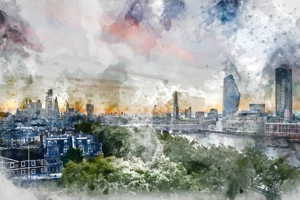 풍경의 디지털 페인팅 일출을 런던의 스케이프 스카이라인 이미지 — 스톡 사진