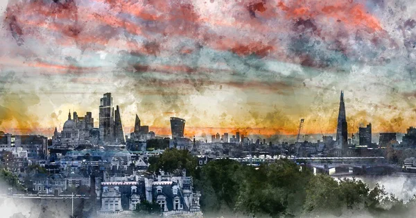 풍경의 디지털 페인팅 일출을 런던의 스케이프 스카이라인 이미지 — 스톡 사진