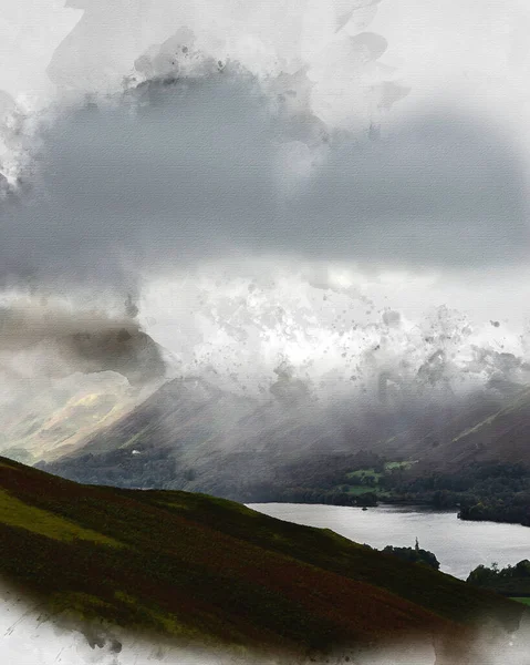 Digitale Aquarel Schilderij Van Prachtige Landschapsbeeld Derwentwater Vallei Met Vallende — Stockfoto