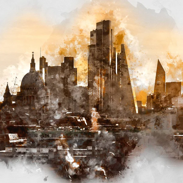 Digital Watercolor Painting Epic Landscape Cityscape Skyline Image London England — Stock Photo, Image