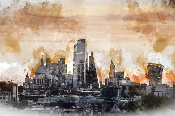 Digital Watercolor Painting Epic Landscape Cityscape Skyline Image London England — Stock Photo, Image