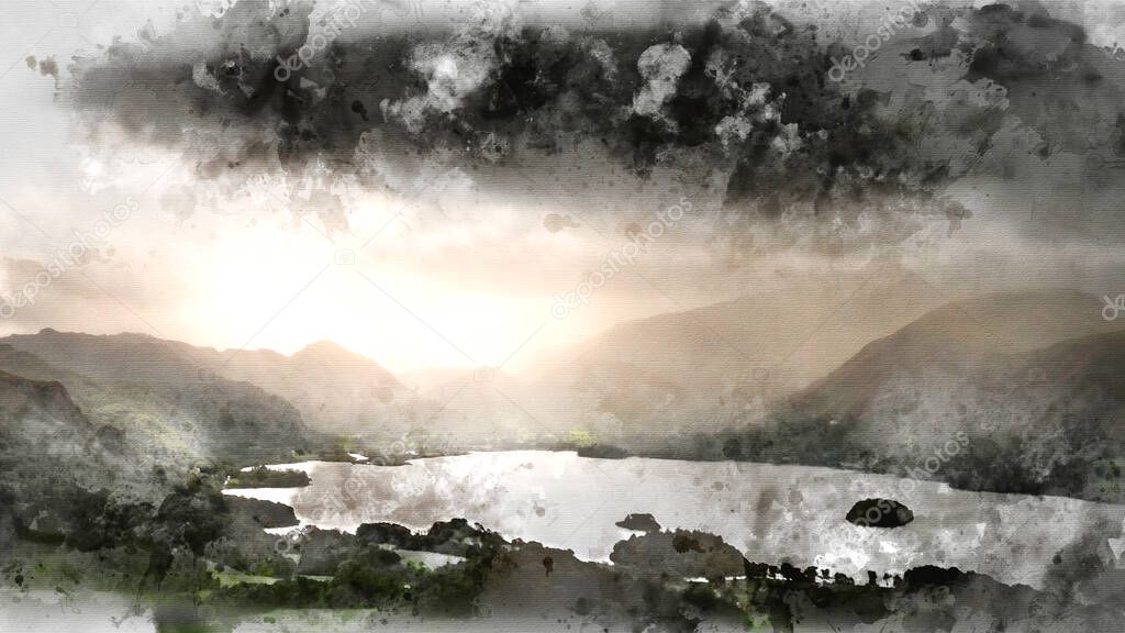 Digital watercolor painting of Beautiful landscape image across Derwentwater valley with falling rain drifting across the mountains onto the lush green countryside below