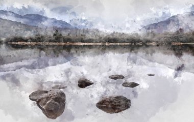 Efsanevi dramatik manzara resminin dijital suluboya resmi Lake District 'teki Brathay Nehri' nden Langdale Piks dağ sırasına doğru kış sabahı kimya dersinde görülüyor.