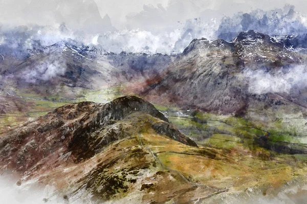 浅层云雾环绕的兰德尔山溪谷地冬季史诗景观图像的数字式水彩画 — 图库照片