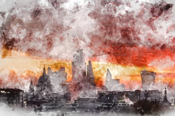 Digitale Aquarel Schilderij Van Epische Zonsopgang Boven Londen Skyline Met — Stockfoto
