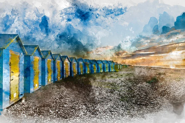 英国南海岸海滨小屋生气勃勃的日出景观数字水彩画 — 图库照片