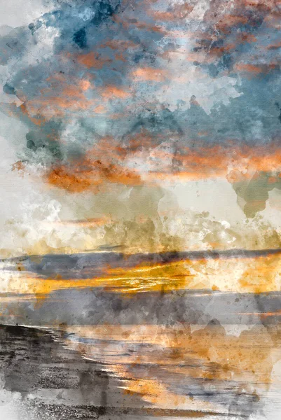Pintura Digital Acuarela Del Impresionante Amanecer Vibrante Sobre Paisaje Playa — Foto de Stock