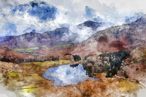 Digitális Akvarell Festmény Epikus Tájkép Langdale Lándzsák Völgy Télen Alacsony — Stock Fotó