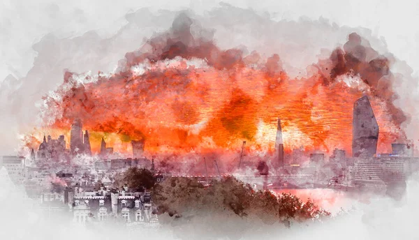 Digitální Akvarel Nátěru Epic Sunrise London City Panorama Ohromující Oblohy — Stock fotografie