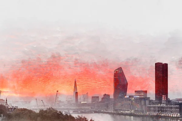 Lukisan Warna Air Digital Dari Matahari Terbit Epic Langit Kota — Stok Foto