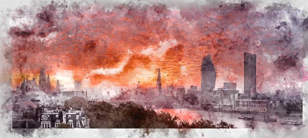 런던의 스카이라인 일출을 디지털 페인팅 인상적 랜드마크 — 스톡 사진