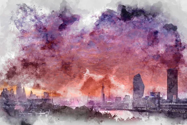 Digitális Akvarell Festmény Epikus Napkelte Felett London Város Városkép Lenyűgöző — Stock Fotó
