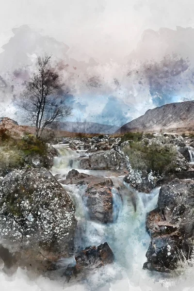 Цифровая Акварельная Живопись Потрясающего Ландшафтного Изображения Водопада Буахайль Этив Мор — стоковое фото