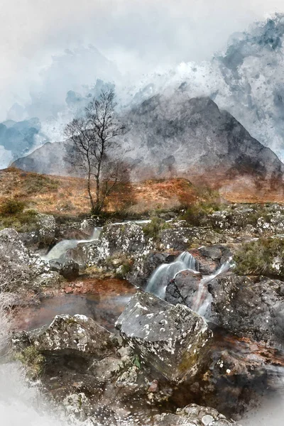 苏格兰高地Buachaille Etive Mor瀑布在冬季长距离曝光以保证流水流畅的数字水彩画 — 图库照片