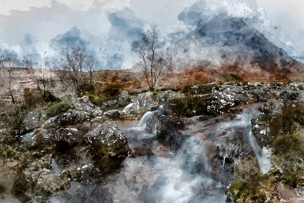 冬の朝にスコットランドの高地にあるBuachaille Etive Mor滝の見事な風景画像のデジタル水彩画滑らかな流れる水のための長い露出 — ストック写真