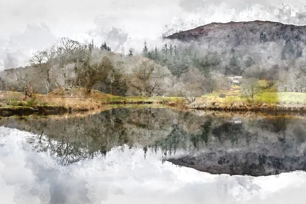 Digitale Aquarellmalerei Von Epischen Dramatischen Landschaftsbild Blick Über Den Fluss — Stockfoto