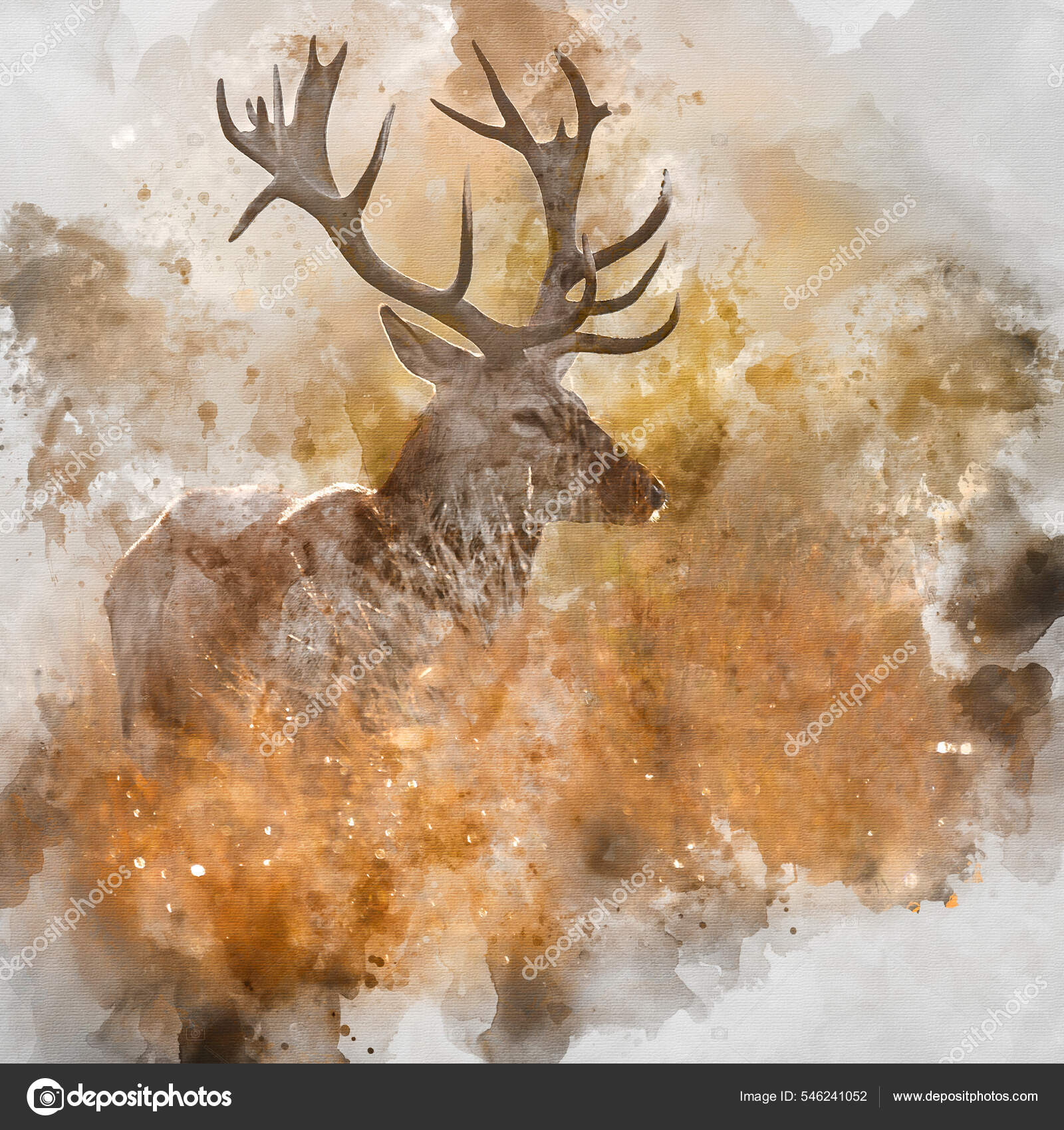 Digital Watercolor Painting Beautiful Image Red Deer Stag Colorful Autumn  Stock Illustration by ©Veneratio #546241052
