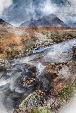 Karamsar gökyüzü ve aydınlatma ile İskoçya 'da Buachaille Etive Mor ve River Etive' in dijital suluboya görüntüsü