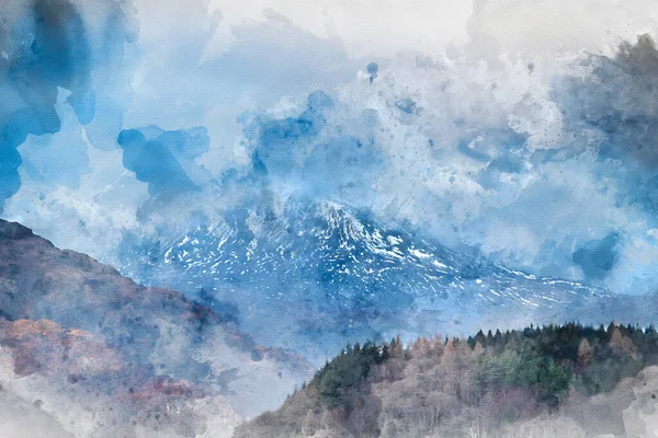 苏格兰高地本雷山山顶 洛蒙湖上美丽风景的数字水彩图像 — 图库照片