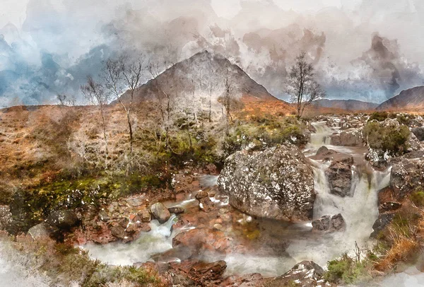 苏格兰高地Buachaille Etive Mor瀑布冬季长曝光平缓流动景观图像的数字水彩图像 — 图库照片