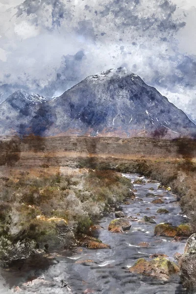 Digitální Akvarelový Obraz Epického Dramatického Krajinného Obrazu Buachaille Etive Mor — Stock fotografie