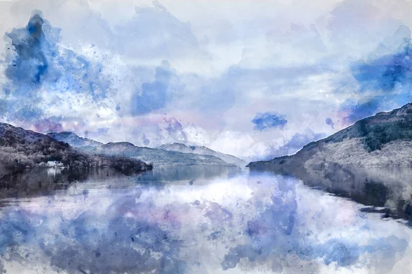 Digitale Aquarelafbeelding Van Mooi Landschapsbeeld Loch Lomond Kijkend Naar Besneeuwde — Stockfoto