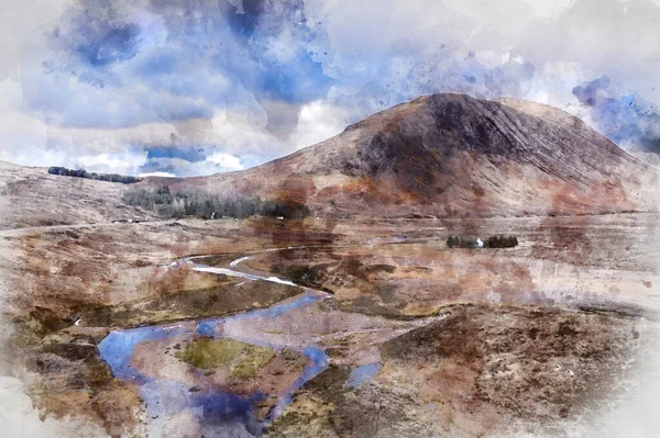 苏格兰高地Buachaille Etive Mor及其周围山区和山谷景观的数字水彩图像 — 图库照片