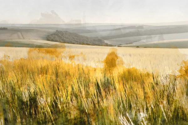 Digital Watercolor Painting Beautiful Late Summer Afternoon Light Rolling Hills — Stock Photo, Image
