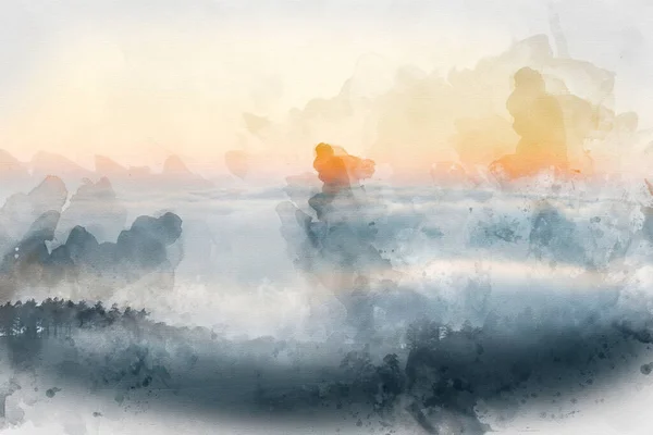 Digitale Aquarellmalerei Von Epischen Landschaftsbildern Der Wolkenumkehr Bei Sonnenuntergang Über — Stockfoto